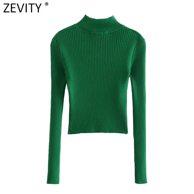 Zevity New Women Sexy Hollow Out Design Green Purple Color Short Knitted Sweater Lady Chic Long Sleeve Pullover Crop Tops SW1076