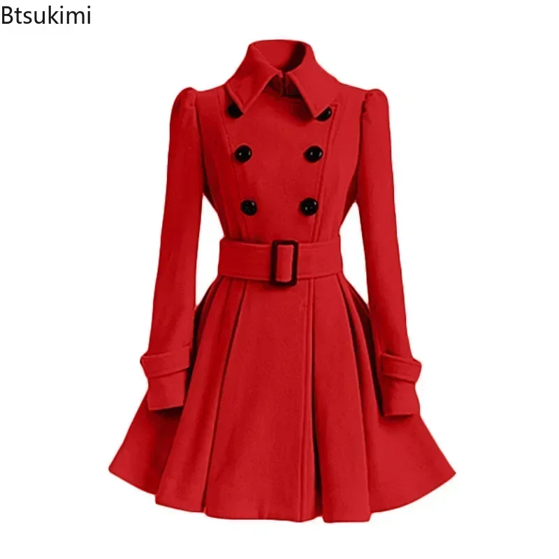 

2025 Women‘s Elegant Thick Midi Length Double-breasted Overcoat Jacket Warm A-line Loose Hem Tight Waist Woolen Blends with Belt