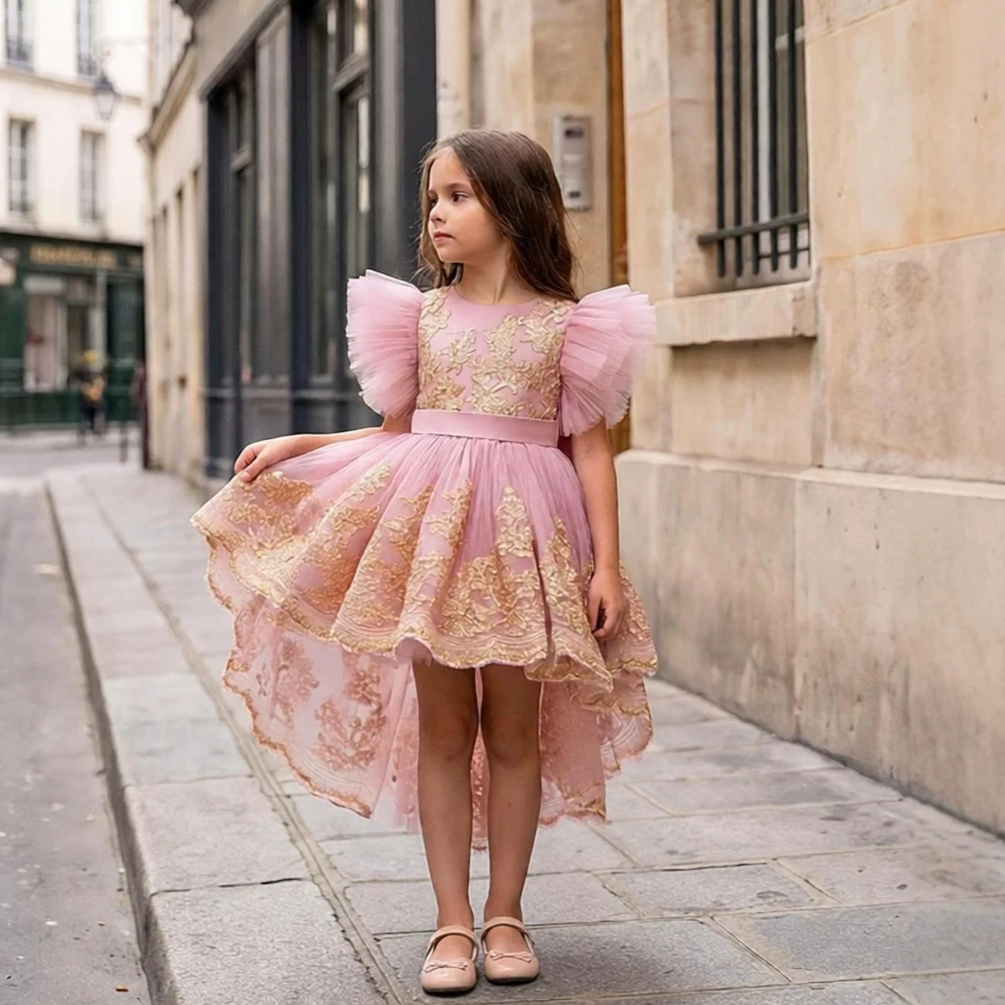 Girls' Formal Dress Embroidered Gold Border Embroidered Trailing Fluffy Skirt Bow Festival Performance Costume Princess Dress