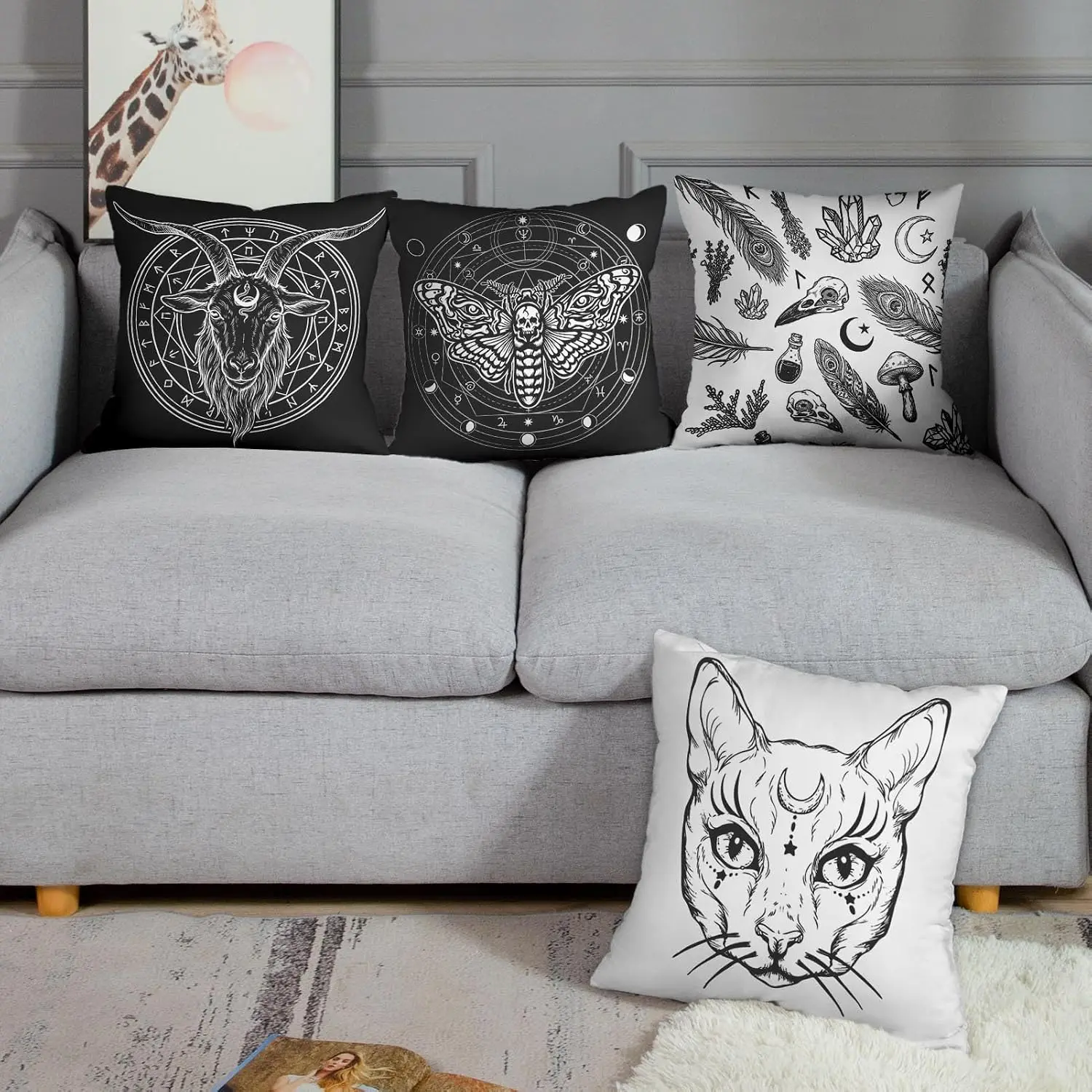Double Sided Throw Pillow Covers Set Of 4, Gothic Cat Moth Capricorn Feather Cushion Cases For Couch Bed Sofa Home Decor