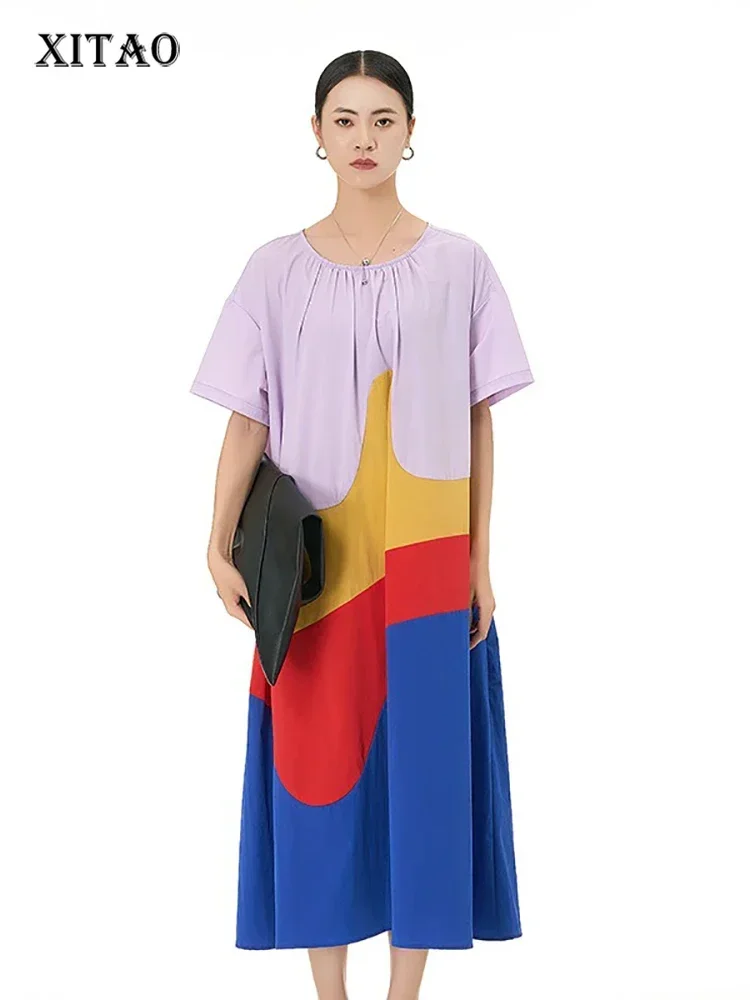 

XITAO Patchwork Contrast Color O-neck Dresses Short Sleeve Pullover Mid-calf Loose Slimming Dress 2025 Summer New Fashion ZY8781