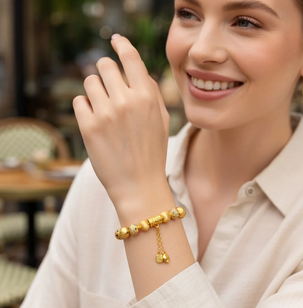 

Luxury 24K Gold AU999 Beaded Bracelet for Women Cat Eye Stone Colorful Diamond Planet Beads Tassel Charm Friendship Gift Jewelry