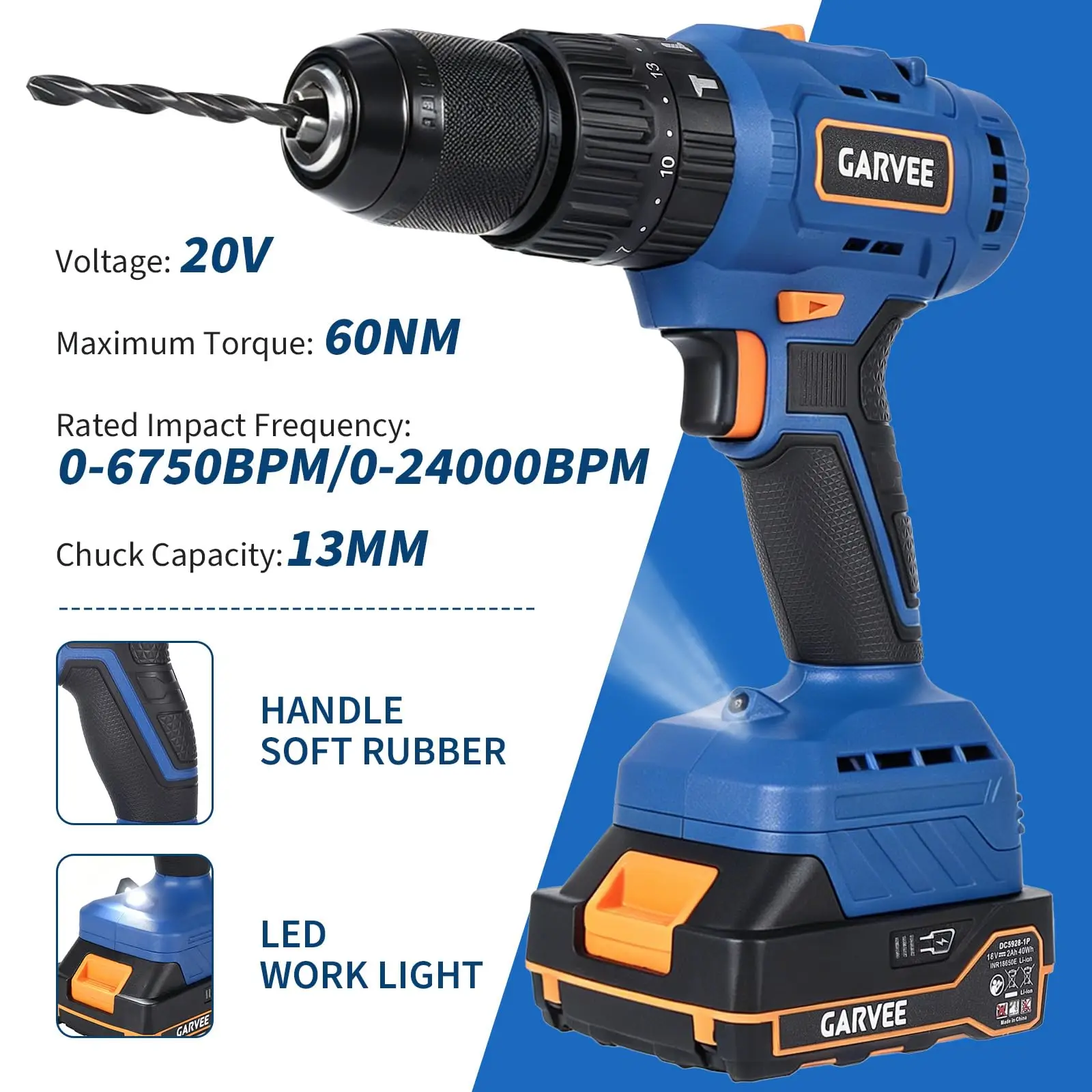 Brushless Hammer Drill 531 In Lbs 24000 BPM 2 Variable Speeds 1/2 Inch Keyless All Metal Chuck With 2.0Ah Battery 20+1+1 Clutch Impact Drill Kit And 16 Drill Driver Bits For Drilling Brick Wall