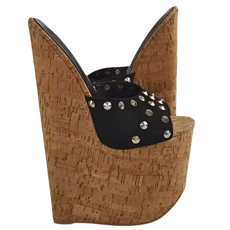 

SHOFOO Модные женские тапочки на высоком каблуке. Черные замшевые тапочки. Высота каблука около 25 см. Тапочки на танкетке с заклепками. Размер: 34-46