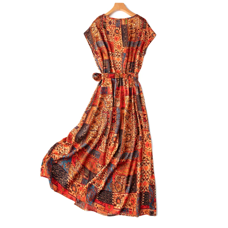 Women Silk Dress 92% Mulberry Silk 8% Spandex 20 momme Jacquard Silk O Neck Belted Waist Colorful Long Dress M1214