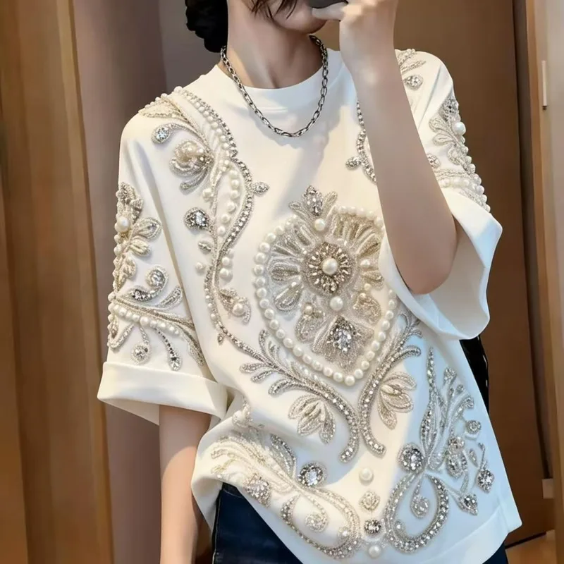 Spring New Temperament Flower Nail Bead T-shirt High-end Wear Beautiful Top Women's Clothing Exquisite Simple Casual Fashion
