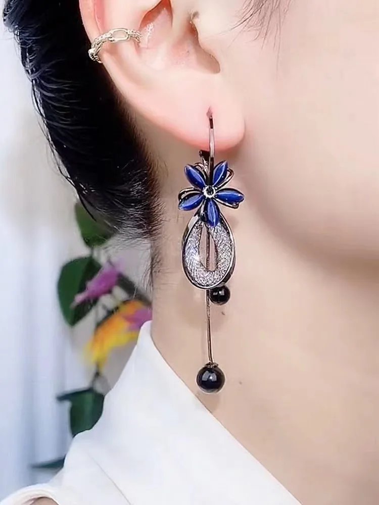 New Mysterious Blue Flower Mesh Hollow Zircon Tassel Earrings for Women Exquisite Temperament Luxurious Ladies Wedding Jewelry