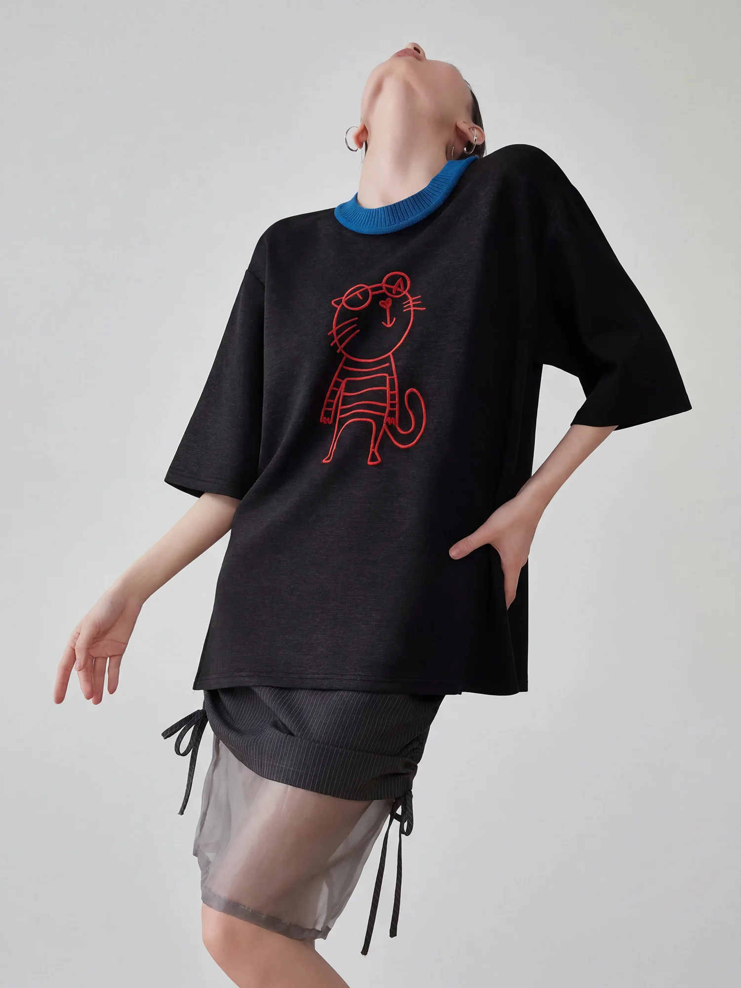 

Повседневная женская футболка с вышивкой, свободного кроя, с длинным рукавом, для работы, весенняя коллекция, из полиэстера, с круглым вырезом