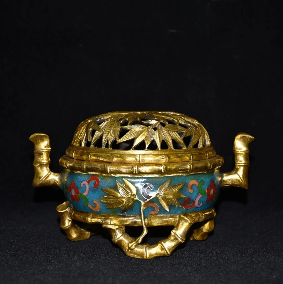 

7”Tibetan Temple Collection Old Bronze Cloisonne Bamboo leaves Hollow Out Three legs Rising steadily Incense burner Town House