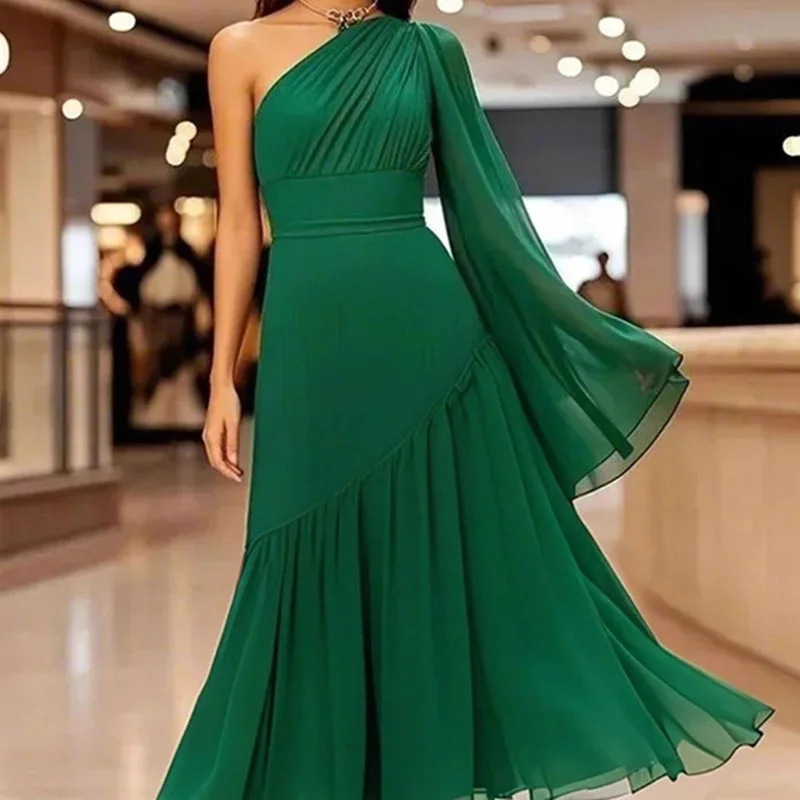 Eleganckie, jednolite, łączone, plisowane długie sukienki damskie, seksowne suknie wieczorowe z asymetrycznym dekoltem, jesienne sukienki boho z ukośnymi ramionami i długim rękawem.