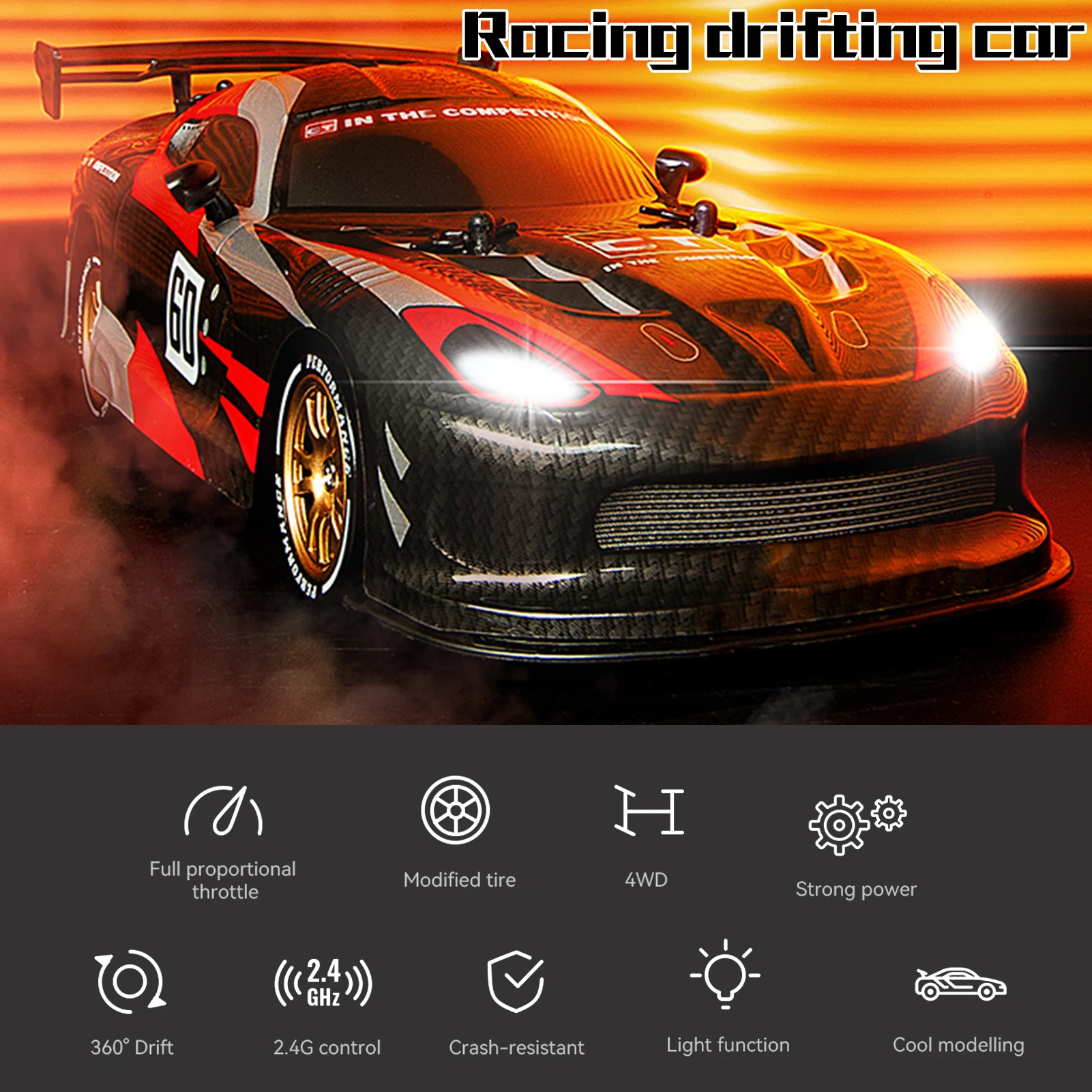 리모컨 드리프트 카 1/16 리모컨 자동차 2.4GHz 4WD 리모컨 레이싱카 타이어 교체 가능 3 배터리