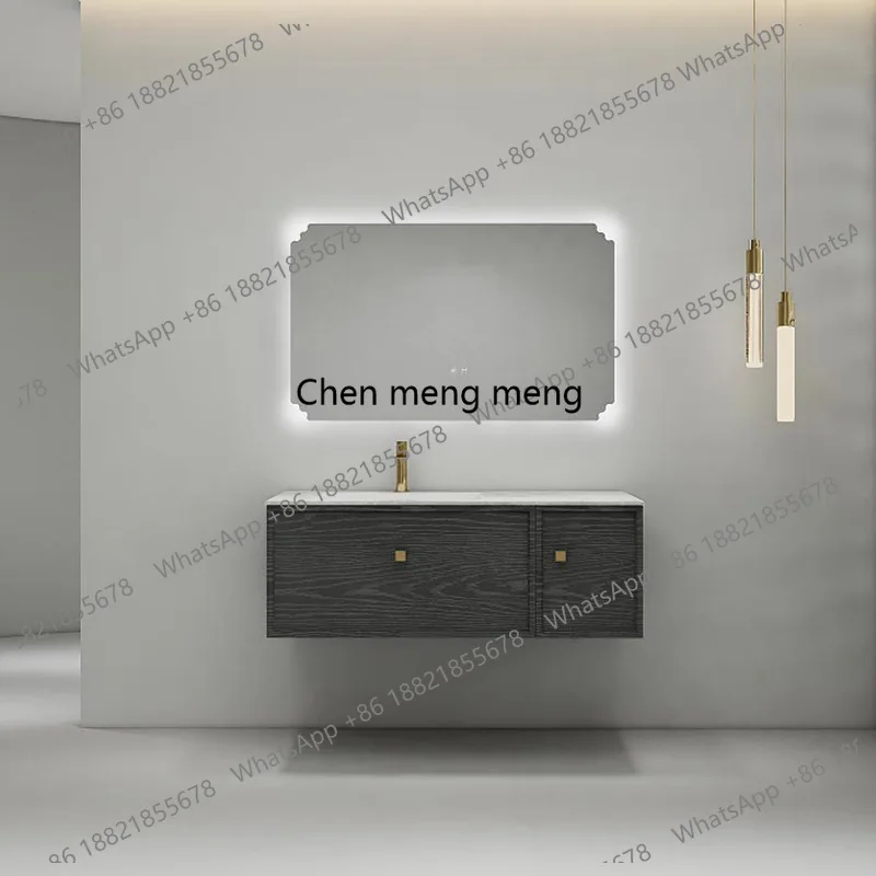 

Medieval style small apartment bathroom cabinet wash basin combination integrated rock slab countertop wash basin