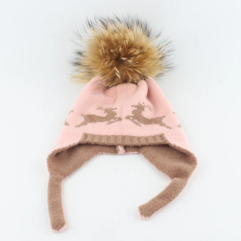 Kids Winter Beanie Hats Boy Girl Baby Real Fur Pompom Hat Cute Deer Jacquard Wool Knitted Hat Children Ear Protection Warm Caps