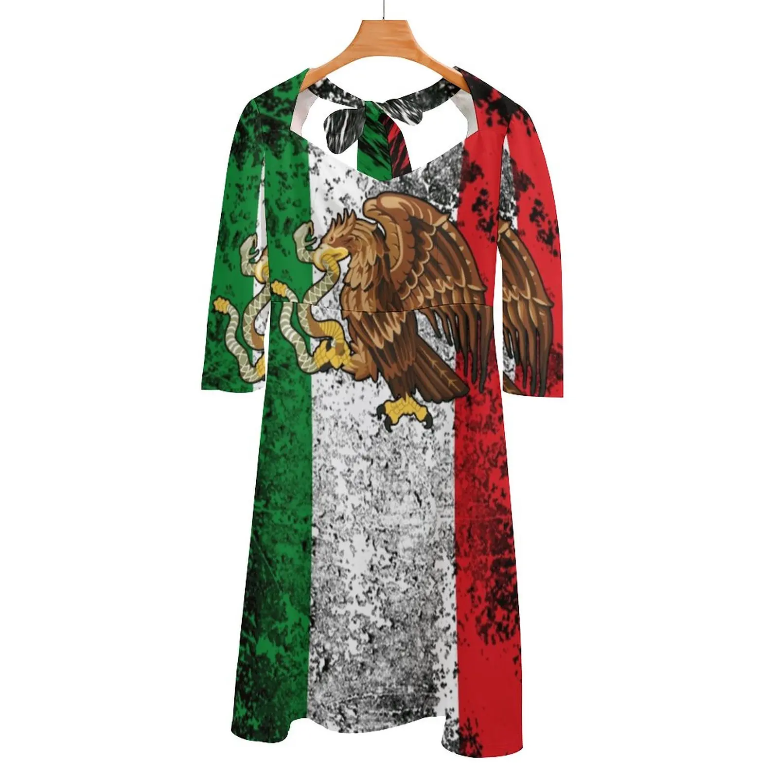 Mexican Flag Back Lacing Backless Dress Square Neck New Plus Size Elegant Women Dress Mexico Mexican Flag Eagle Serpent Snake