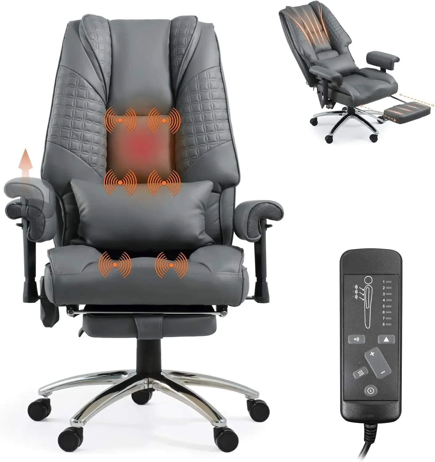 USA StockMassage & Heated Office Chair with Foot Rest, Ergonomic Executive Office Chair with Reclining Backrest, Adjustable Arms