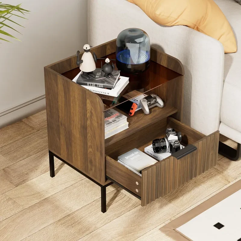 Medieval Modern Style Bedside Table with Groove Design Glass Top and Metal Legs Nightstand for Bedroom Living Room Home Decor