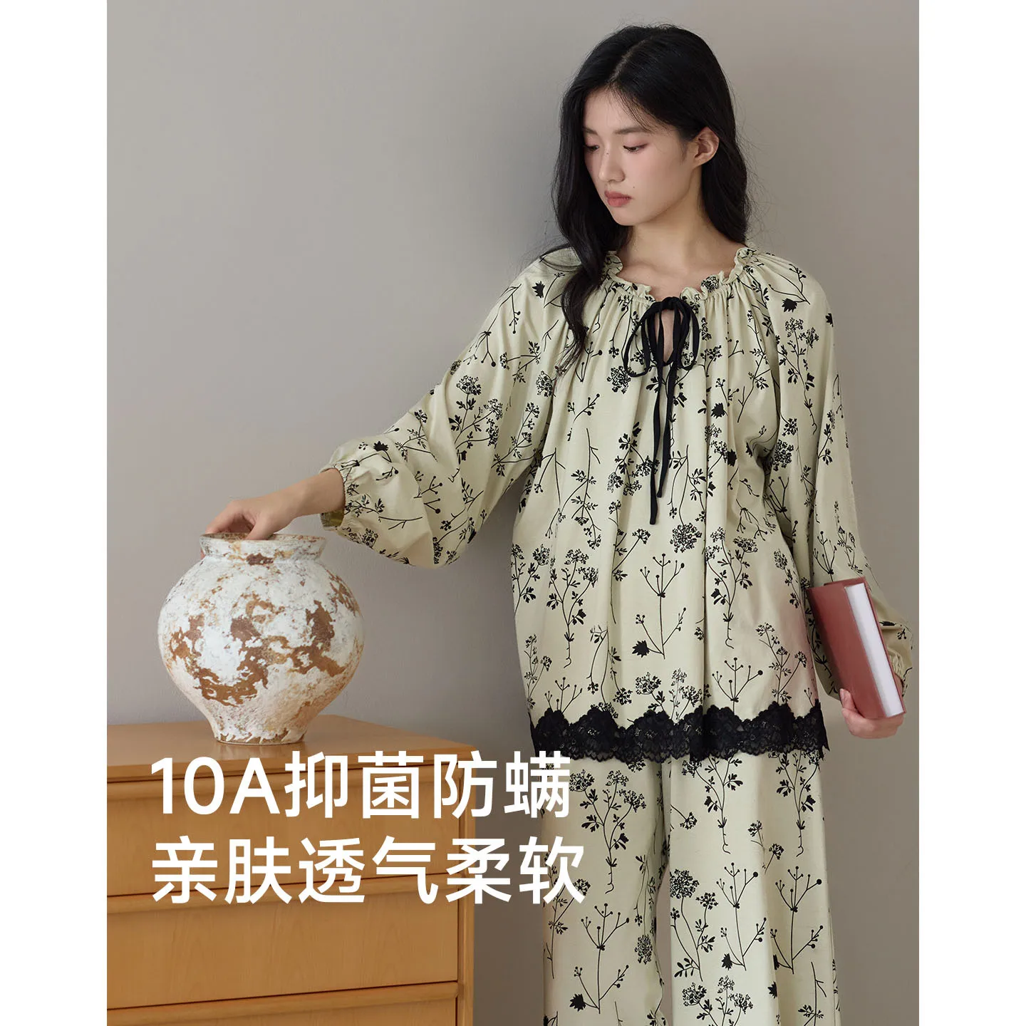 

10A Women's Antibacterial Pajamas Long Sleeved Palace Style High End Cotton Loose Fit Homewear for Spring Autumn