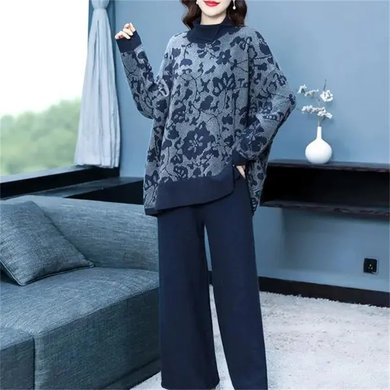 Advanced Sense Embroidery Split Knit Suit Women\'s 2023 Spring Autumn New Fashion Sweater Wide Leg Pants Two-Piece Set Female