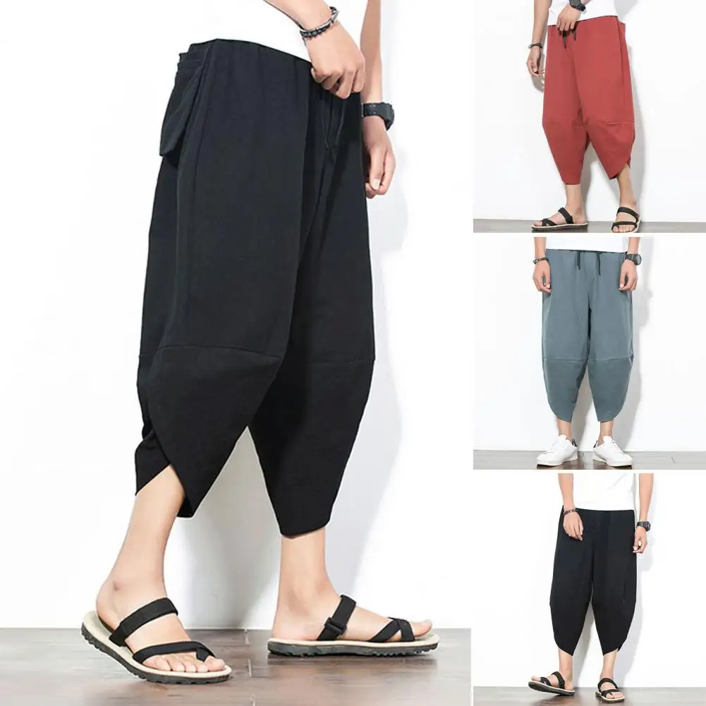 

Summer Men Pants Loose Mid-calf Length Multi Pockets Japanese Style Pants Irregular Deep Crotch Casual Daily Wear Harem Trousers