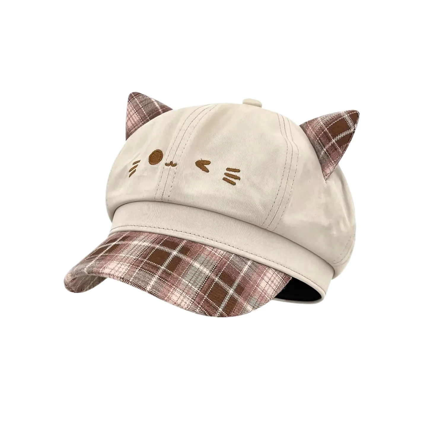 Cute Cat Ear Newsboy Cap Women Daily Casual Baker Boy Cap Street Snap Kawaii Cat Face Embroidery Sweet Girl Plaid Brim Travel