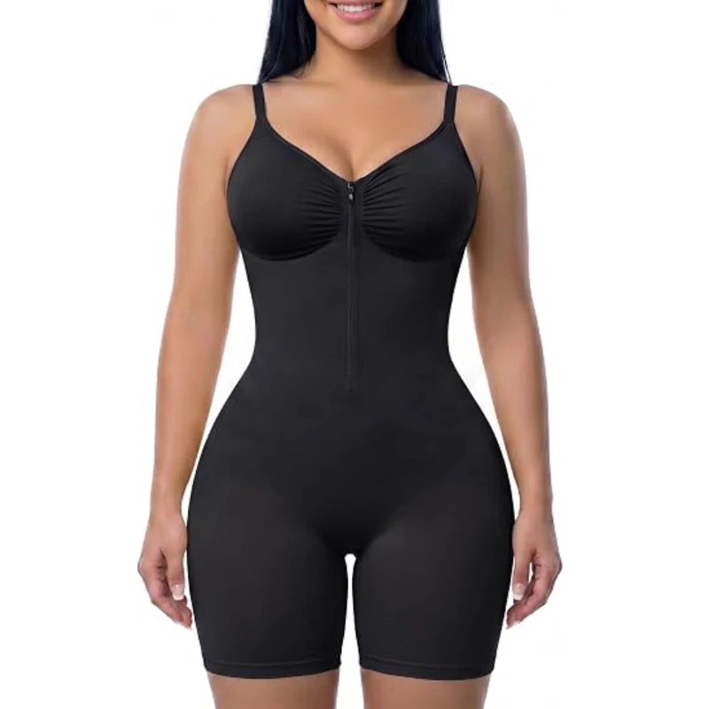 Guudia Zipper Cami Suit Going Out Everyday Wear V-Shaped Zip Up V Neck Boyshort Bodysuit Mid-Thigh Compression Garment Gathering