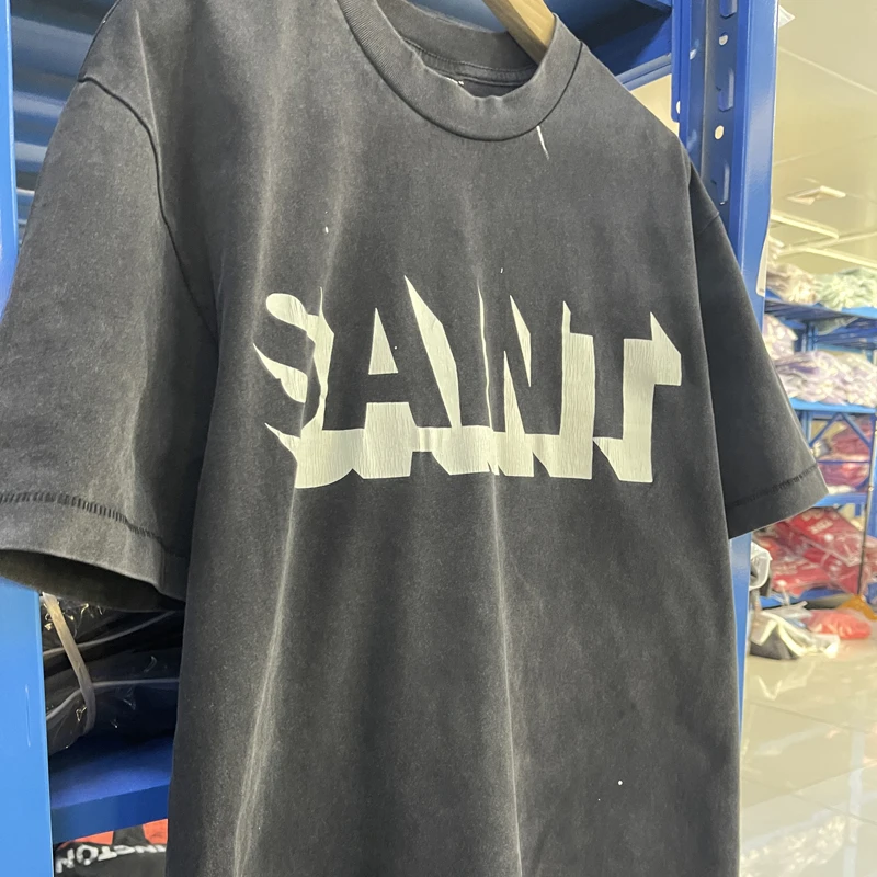 

2025ss Saint Letter Printed Short Sleeve Tee High Street Wash Do Old T-shirts for Men Women Clothing