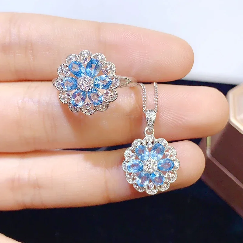 Natural Blue Topaz Jewelry Sets for Women Party Necklace and Ring Oval Cuted  with Ertificate Gifts S925 Sliver 3*4MM