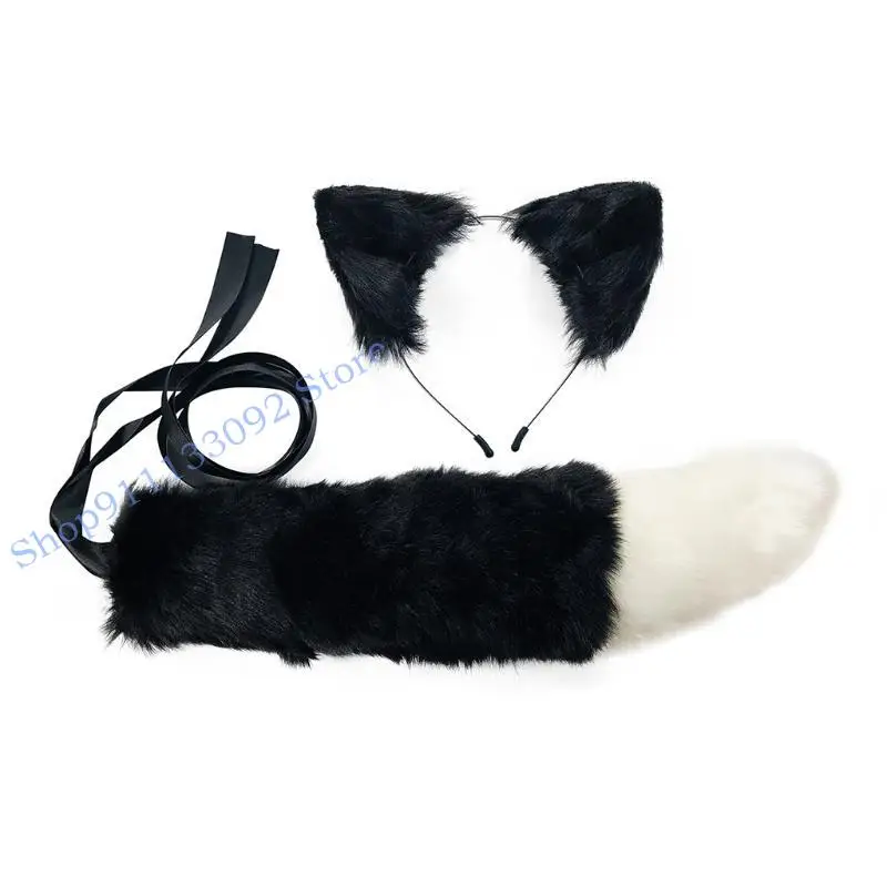 H9ED realistyczne pluszowe pałąk do ucha zwierząt z ogonowym zestawem kostiumów anime maskarady Kobiety