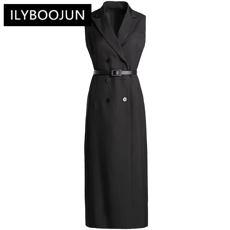 

ILYBOOJUN Fashion Design Summer Women's Notched Neck Sleeveless Double-Breasted Lace-Up Celebrity Temperament Black Coat