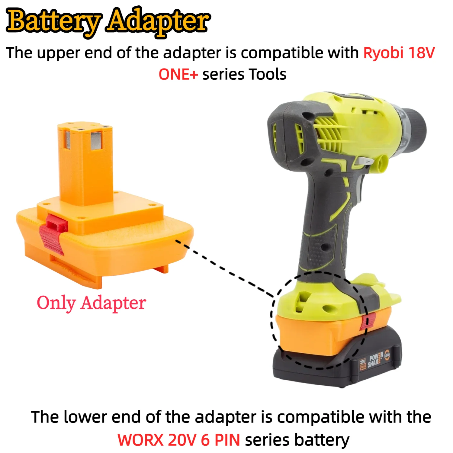 Battery Adapter/Converter for WORX 20V 6 PIN Li-ion Battery TO Ryobi 18V ONE+ Cordless Drill Tools Accessory(Only Adapter)