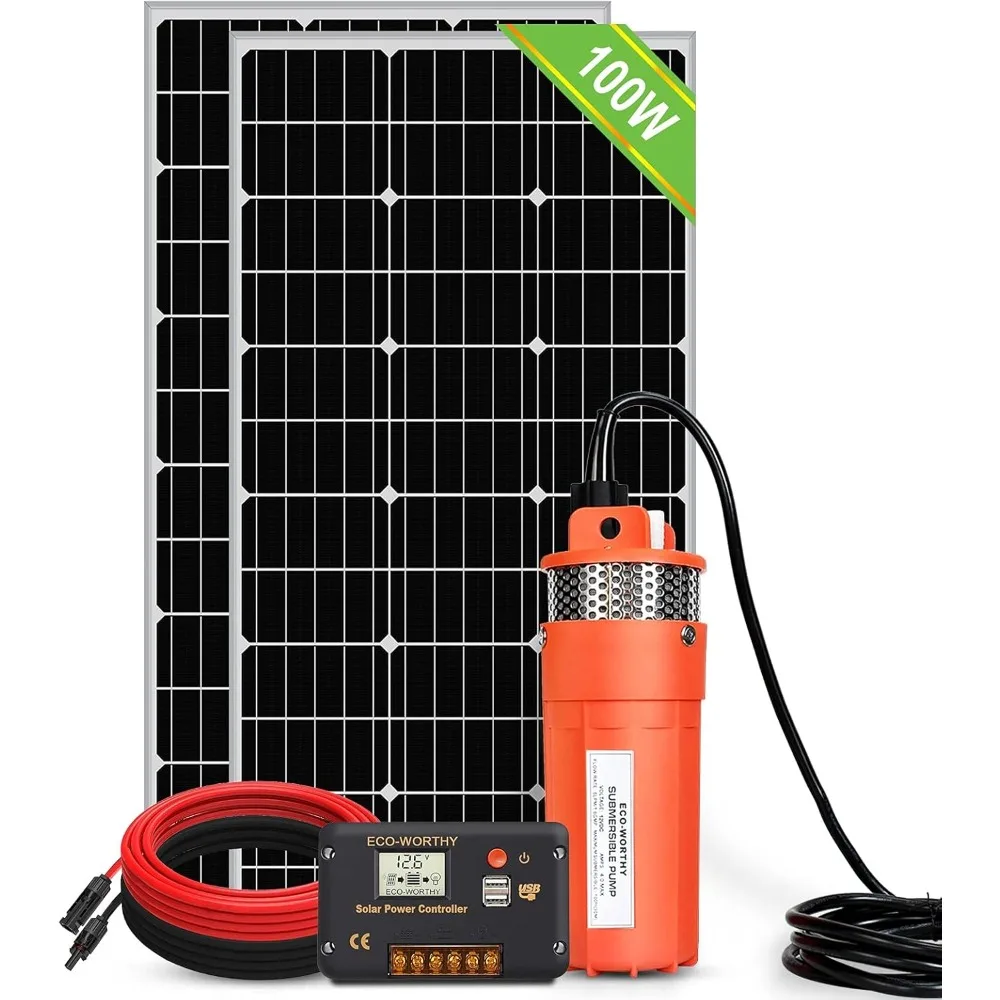 200W Solar Pump Kit, 24V Water Well Pump + 2pcs 100W Solar Panel + Controller for Off-grid Irrigation and Livestock