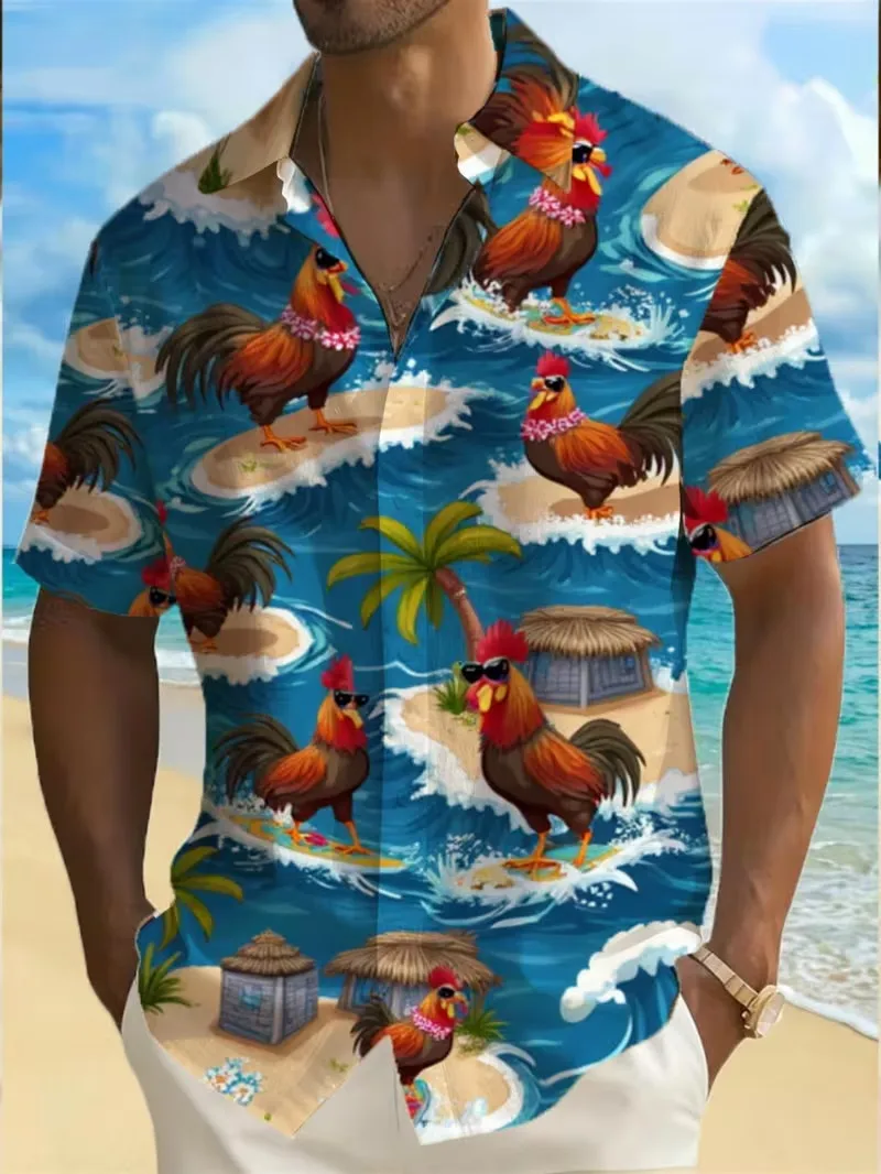 Men's Funny Muscle Rooster Print Hawaiian Shirt Cartoon Chicken in Overalls Graphic Short Sleeve Button Down Aloha Shirts