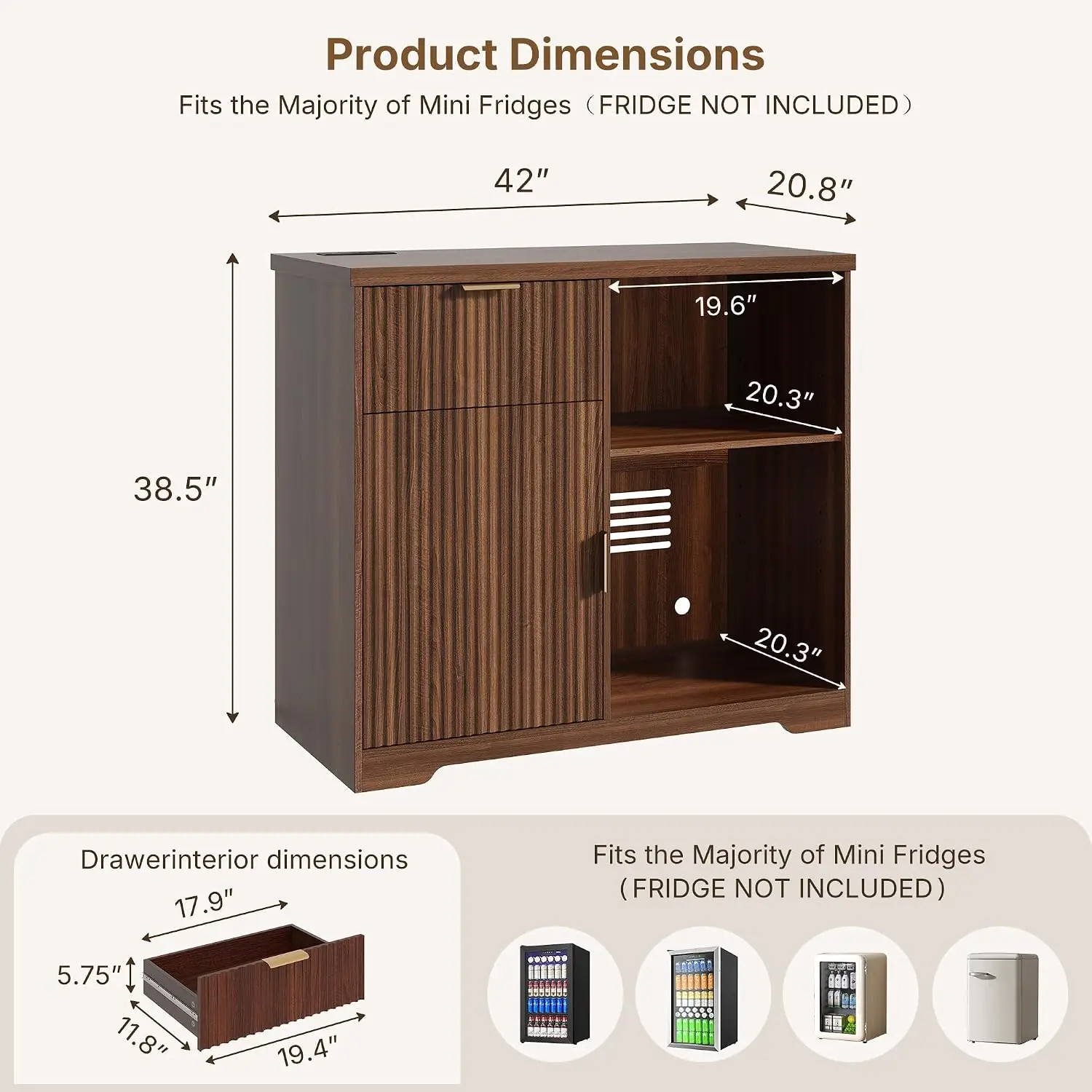 Walnut Mini Fridge Cabinet with Power Outlet Coffee Bar Storage, Customized