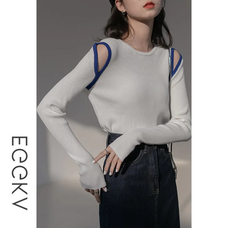 

Contrasting Color Off-the-shoulder Hollow Knitted 2025 Autumn and Winter Slim-fitting Long-sleeved Bottoming Shirt Clothing
