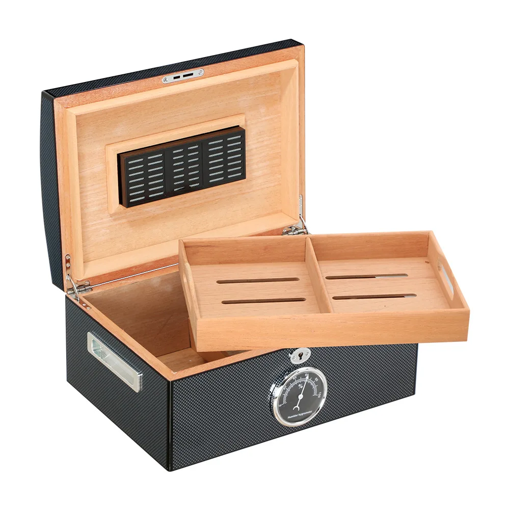 High-end cigar box Double-layer large-capacity cigar moisturizer Cedar wood with key and hygrometer