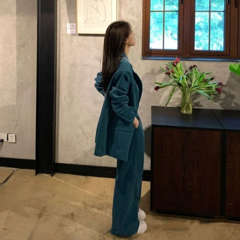 Two-piece Women Blazer Suit Corduroy Chic Coat Wide-legged Pants Office Women's Clothing Long Sleeve Straight Pants Vintage New