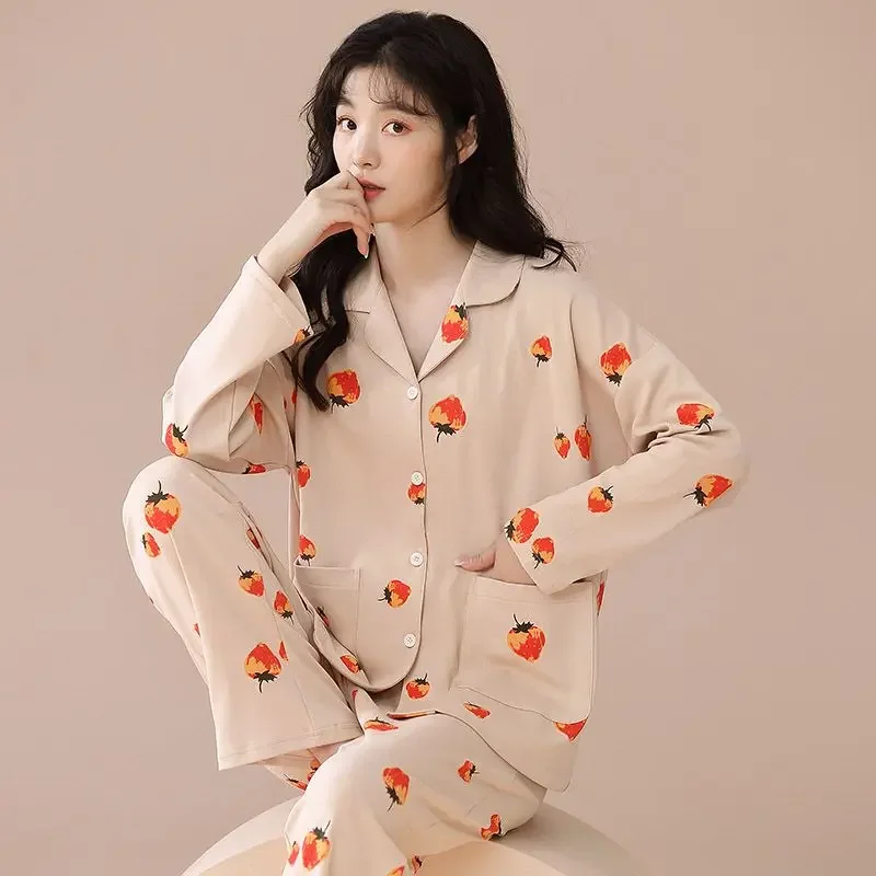 Pajamas Women's 100% cotton Cardigan Long-sleeved Pyjama Pour Femme Loose Plue Size Autumn and Winter Polka Dot Loungewear