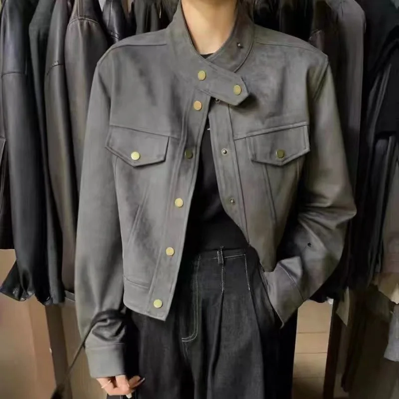 

Spring Autumn Short Double Layer Women's Jacket New Fashion Solid Trendy Top Ladies Style Long Sleeve Stand Collar Coat