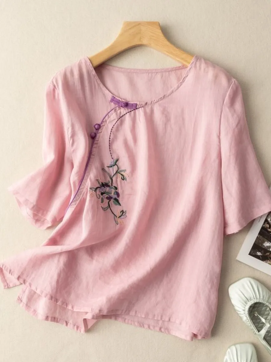 Artistic Short Sleeve Embroidered Loose Cotton Linen Shirt Top Buttoned Front for Women Autumn Wear Daily Universal Fit