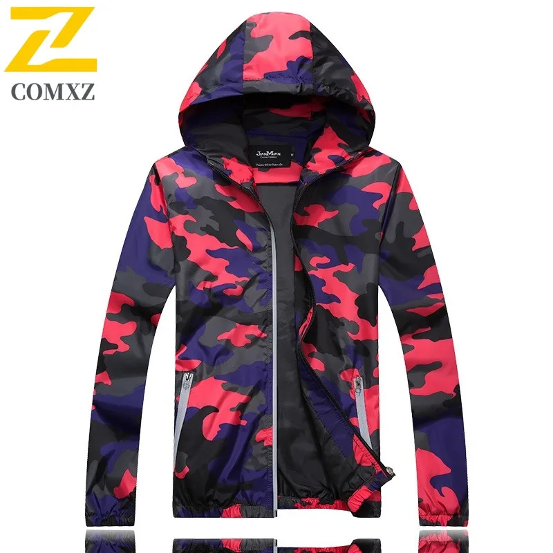 COMXZ 2025 Camouflage Jacket Men's Fashion Loose Hooded Windbreaker Plus-size Korean Outdoor Sports Hooded Windbreaker