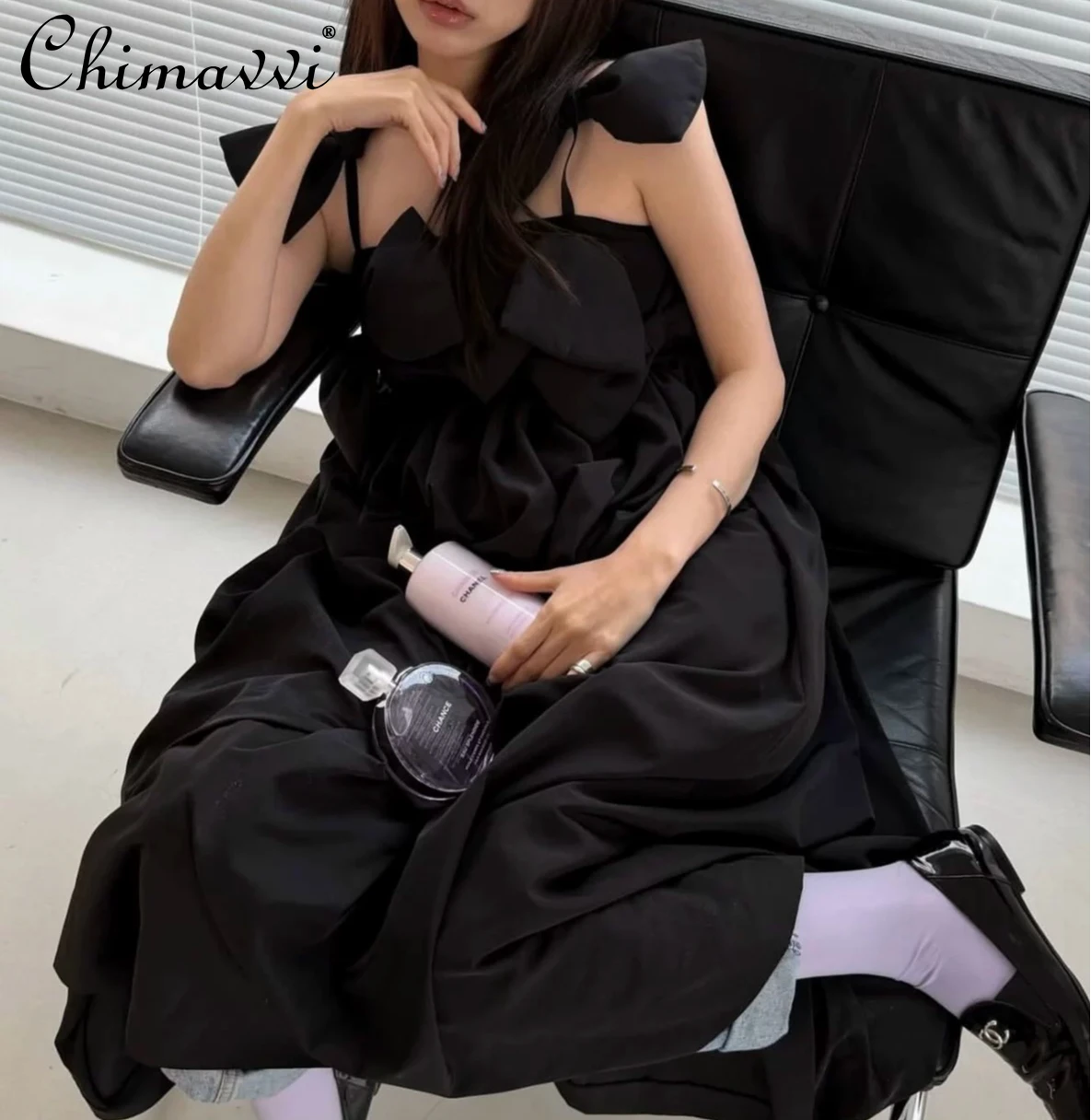 

Japanese Style Sweet Bowknot Camisole Dress New Spring Summer Women's Loose Fit Elegant Black and White Long Casual Dress