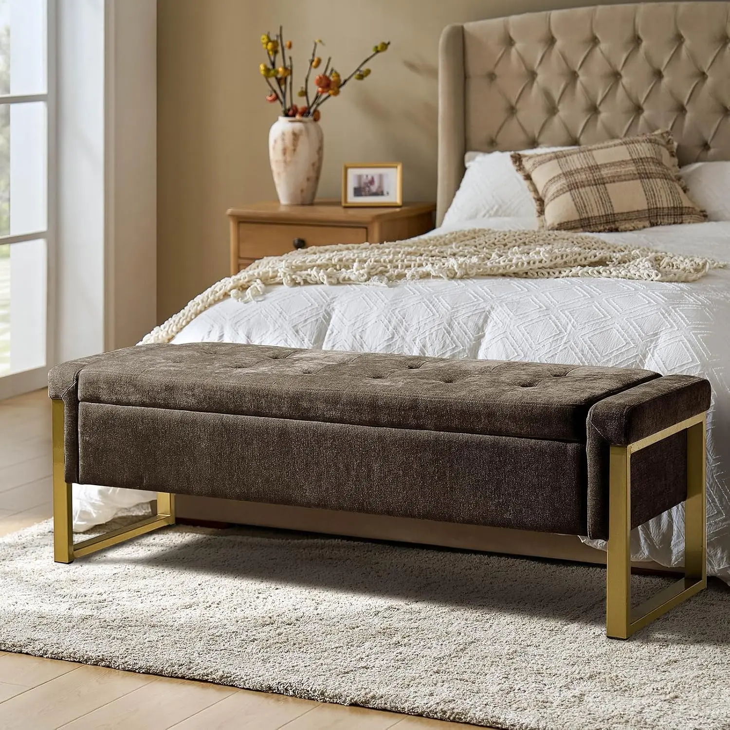 Modern Storage Ottoman Bench with Gold Metal Legs Upholstered Footrest End-of-Bed Bench with Hidden Storage, Hallway and Entrywa