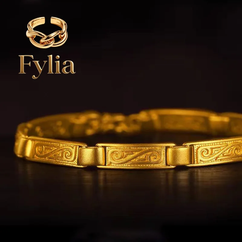 Fylia Jewelry  9999 24K real gold ancient heritage peace symbol bracelet Yellow gold couple bracelet hand chisel ancient process