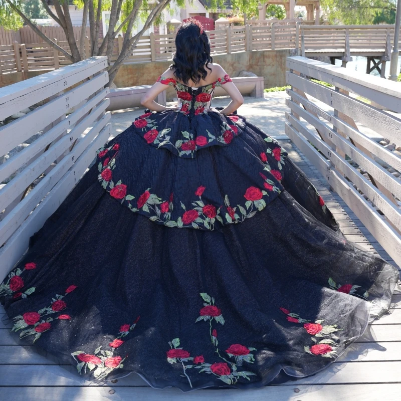 Schwarze Quinceanera-Kleider aus der Schulter, Applikation, Spitze, Perlenstickerei, Tüll, Party, Geburtstag, süßes 16-Kleid, Vestidos 15 De Anos