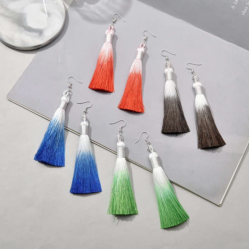 Bohemian Colorful Tassel Long Dangle Drop Earrings For Women Girls Ethnic Vintage Silk Fabric Hanging Fashion Jewelry Wholesale