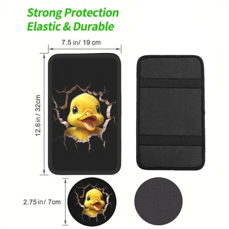 1Pc Car Armrest Cover + 2Pcs Cup Coasters, 3D Cute Duckling Breaking Wall Design, Car Interior Accessories