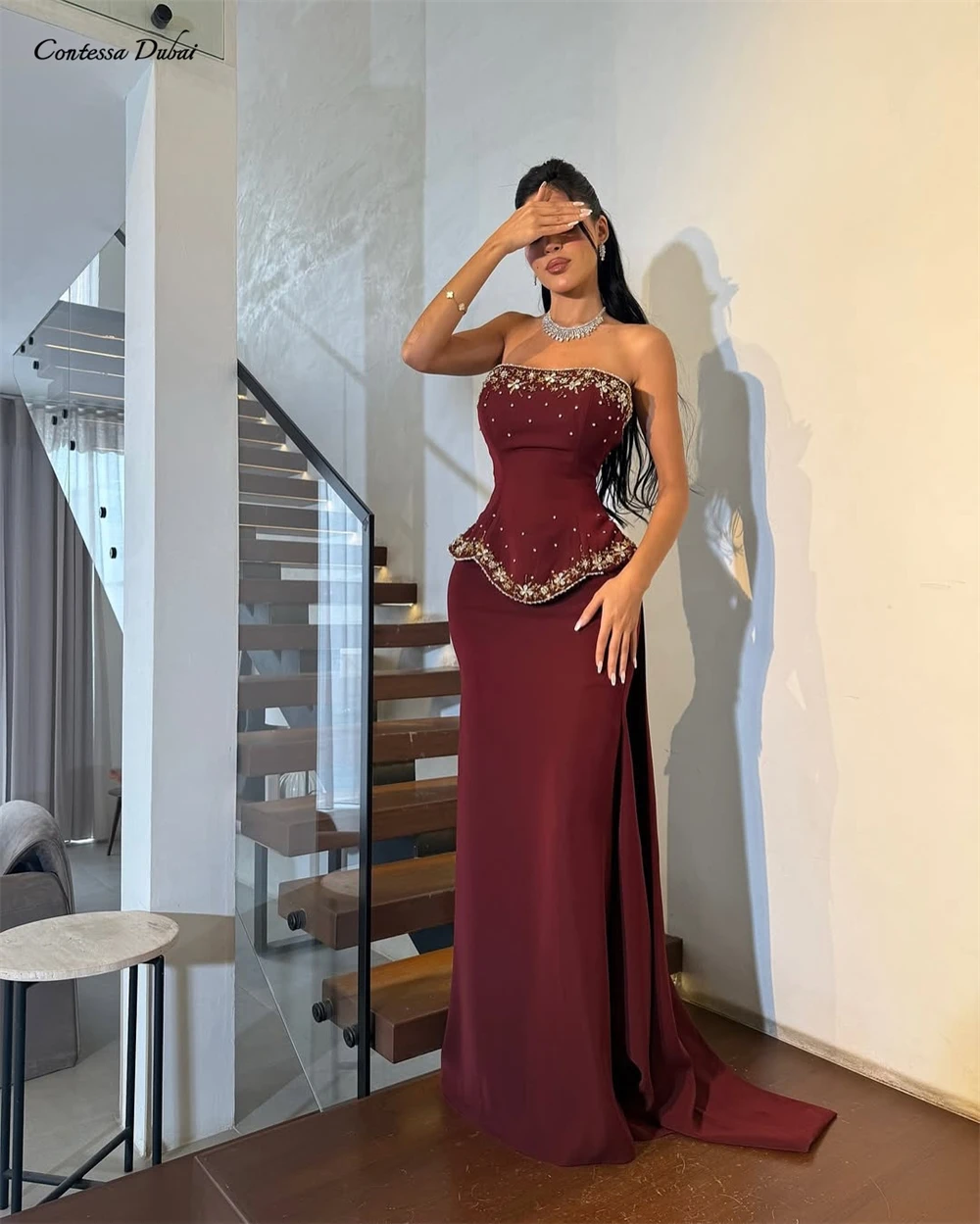 

Contessa Custom evening dress formal gown wedding guest dress prom strapless peplum beaded crepe floor length back drape elegant