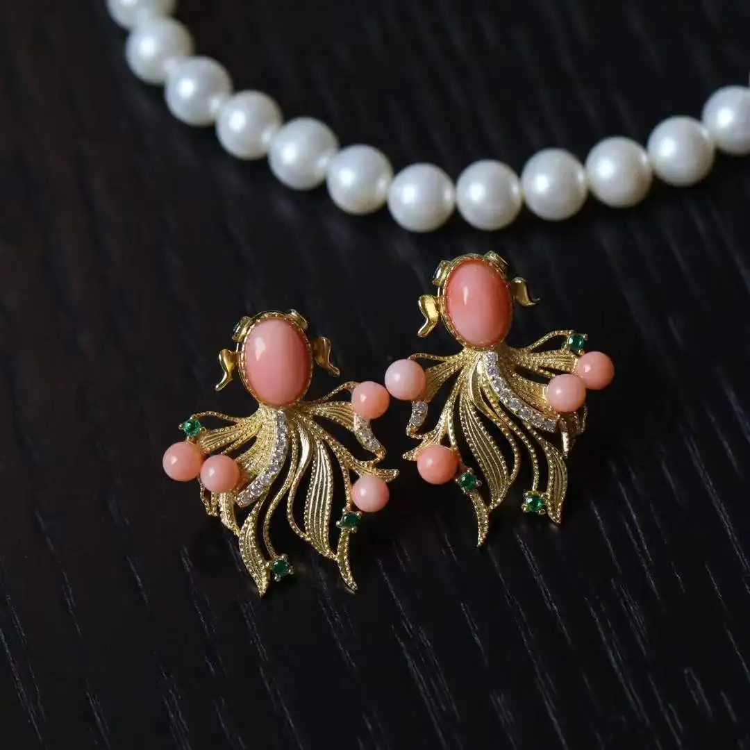 

Certificated 925 Silver Natural Precious Coral Fish Earrings Pink Organic Gemstone Hoop Buckle Earring Rare Stone Women Jewelry