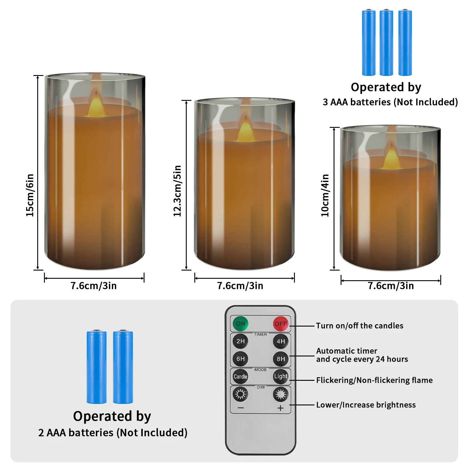 Set di 3 candele a colonna in vetro senza fiamma, set di 3 luci a LED tremolanti realistiche, telecomando e timer, ideale per la casa, il soggiorno, la camera da letto, le vacanze