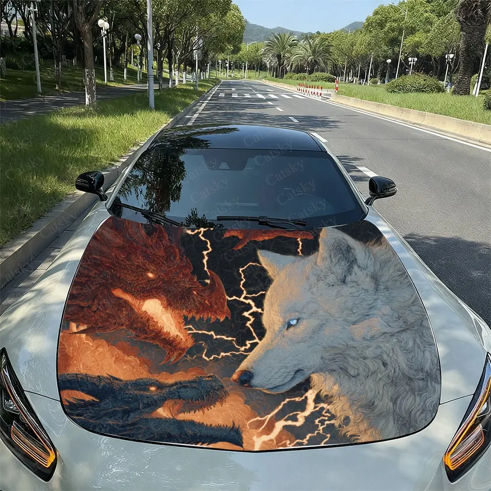 The Duel Between Wolf And Dragon Car Vinyl Wrap - PVC Material,Durable And Stylish Bonnet Decal For Cars, Trucks, And SUVs,Car S